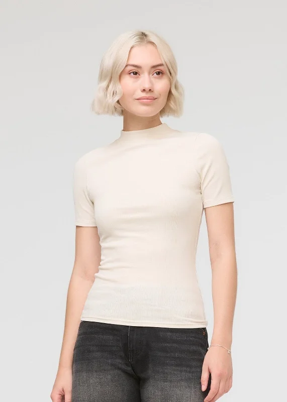 Ribbed Pima Mock Neck Tee - Ecru