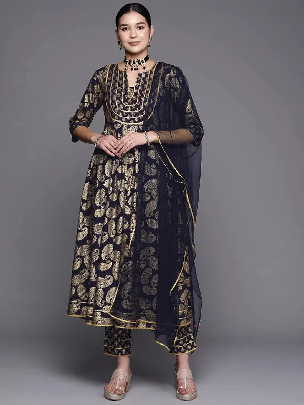 Blue Printed Rayon Anarkali Kurta With Trousers & Dupatta Trousers Gym Athletic