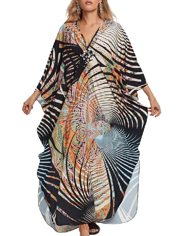 Geometric Lines Caftan: Batwing Sleeve Beach Dress