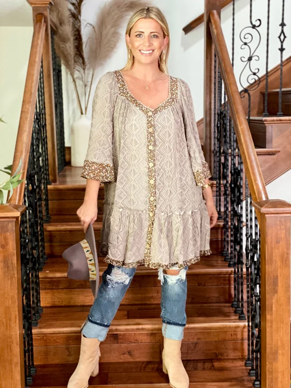 White Birch Buttoned Three Quarter Sleeve Aztec Print Woven Dress