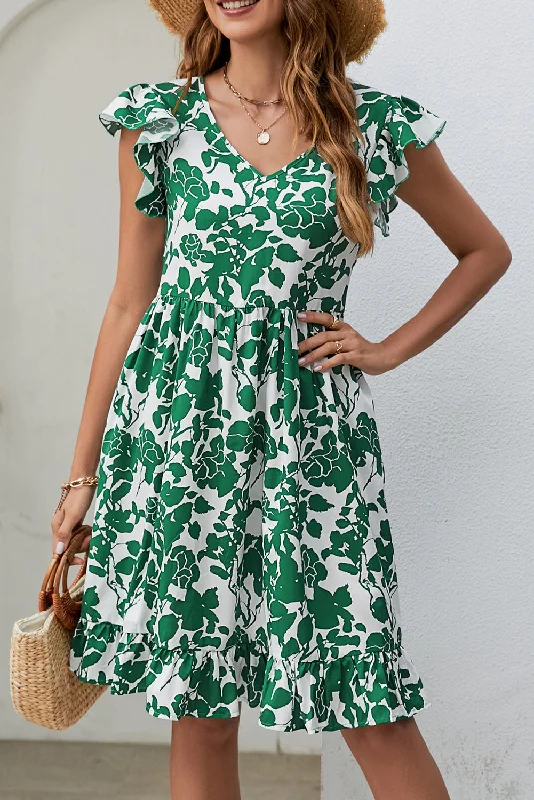 Leaf Print V Neck Flutter Sleeve Dress