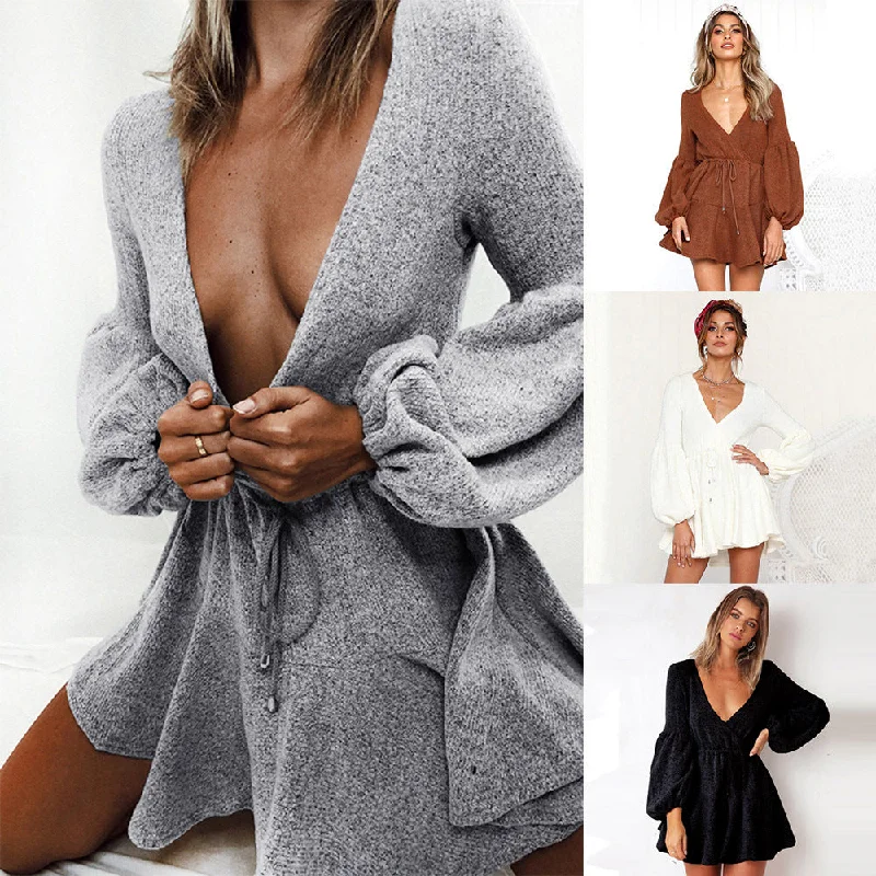 Deep V puff sleeve dress