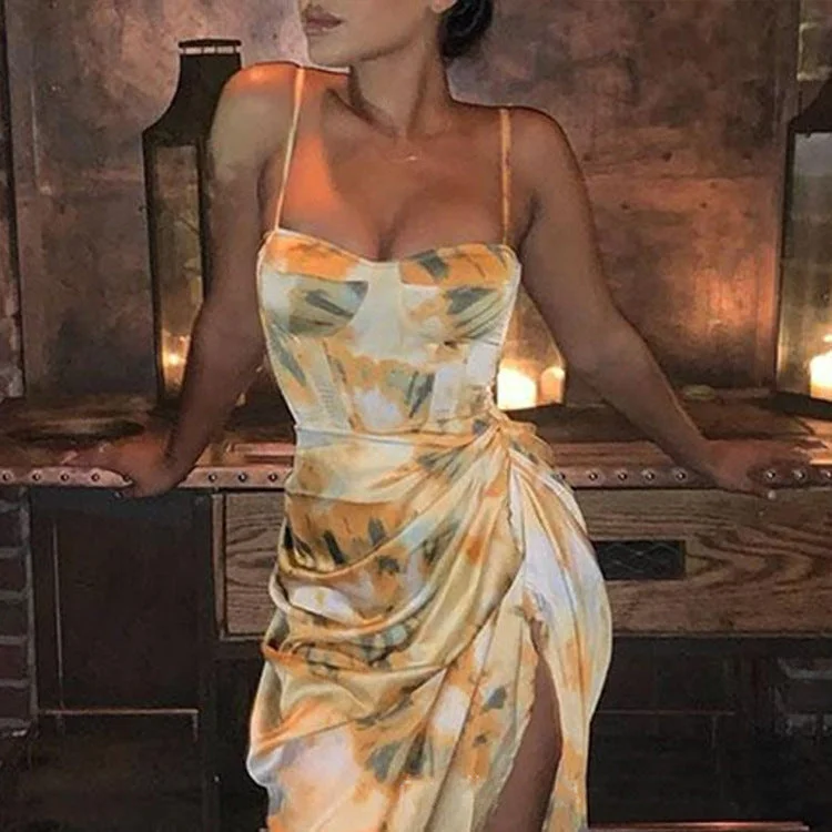 Elegant Summer Dress Spaghetti Strap High Slit Ruched Abstract Print Dress