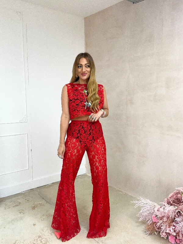 Fairytale Lace Extreme Flare Trousers In Red Trousers Review Highly