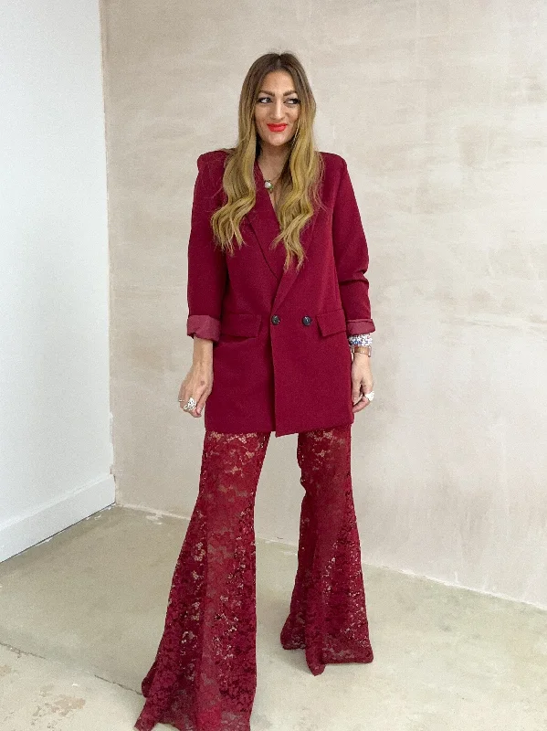 Fairytale Lace Extreme Flare Trousers In Burgundy Trousers Evening Elegant