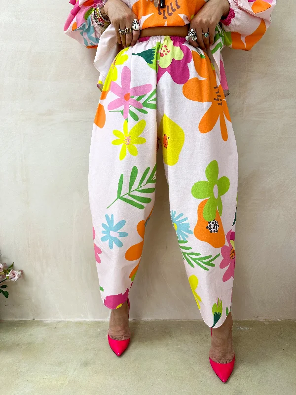 The Frida Balloon Trousers In Pink Floral Print Trousers Elastic Waist Soft