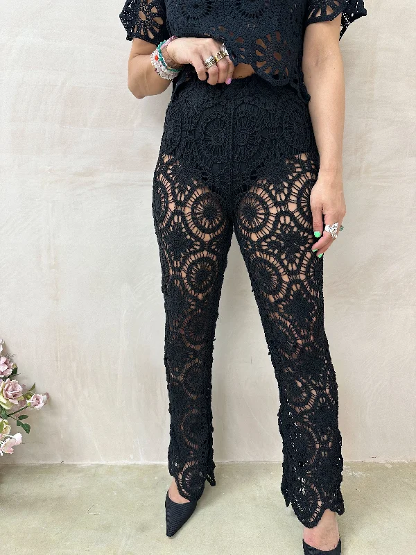 High Waisted Crochet Trousers In Black Trousers Pleated Formal
