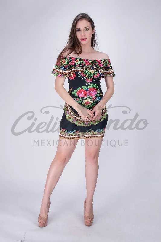 Mexican Patria Printed Dress Black