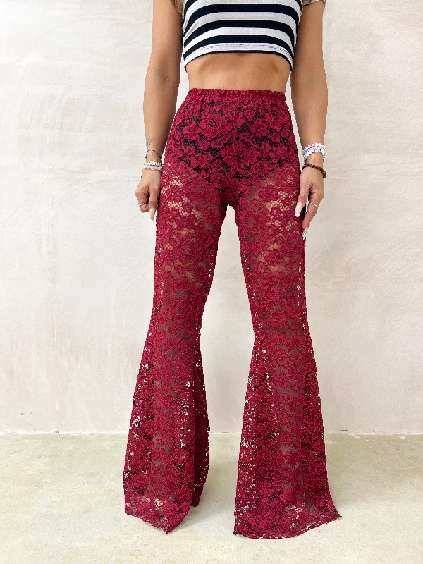 Petite - Fairytale Lace Extreme Flare Trousers In Burgundy Trousers Formal Black