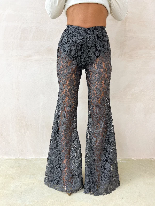 Petite - Fairytale Lace Extreme Flare Trousers In Grey Trousers Summer Linen