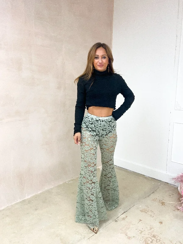 Petite - Fairytale Lace Extreme Flare Trousers In Sage Green Trousers Ceremony Elegant