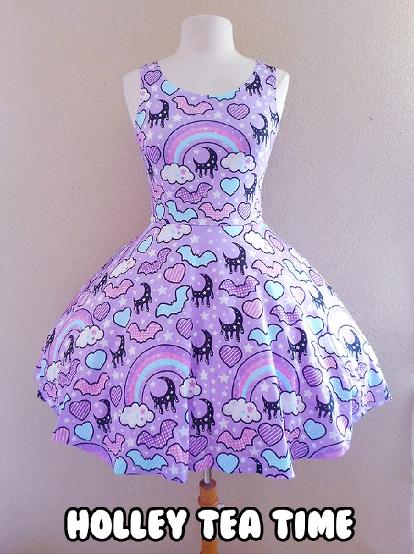 Rainbow spooky bats purple skater dress [made to order]