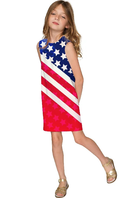 CLEARANCE! 65% off with code: VIP65 - Americana Adele Red & Blue Printed Shift Summer Dress - Girls