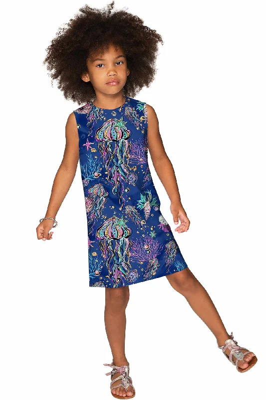 CLEARANCE! 65% off with code: VIP65 - Jellyfish Adele Adorable Blue Sea Print Shift Summer Dress - Girls