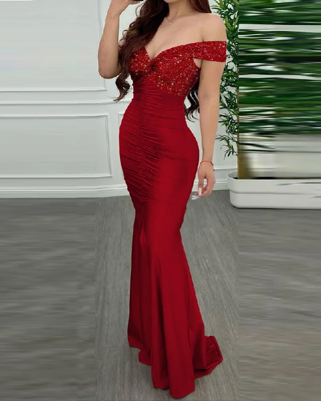 Sequins Patch Twisted Ruched Mermaid Dress