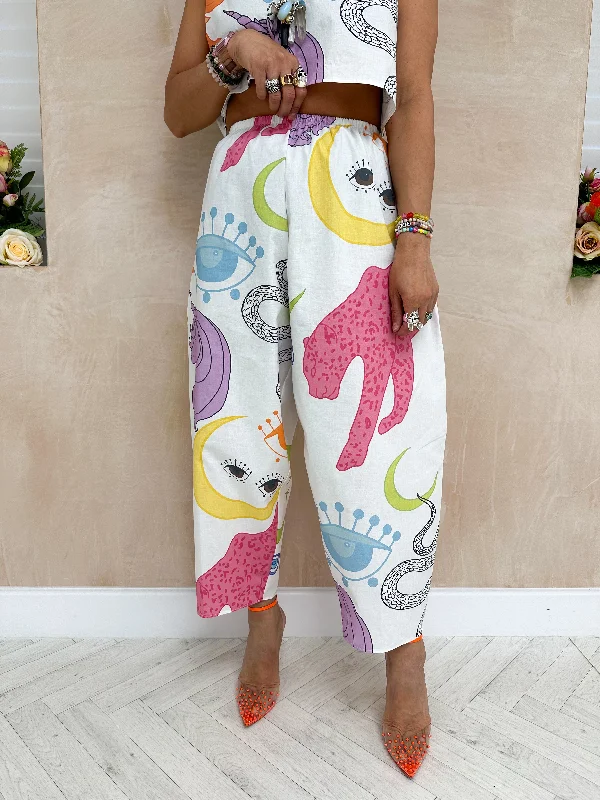 Spellbound Balloon Trousers In White Mystical Print Trousers Flared Retro