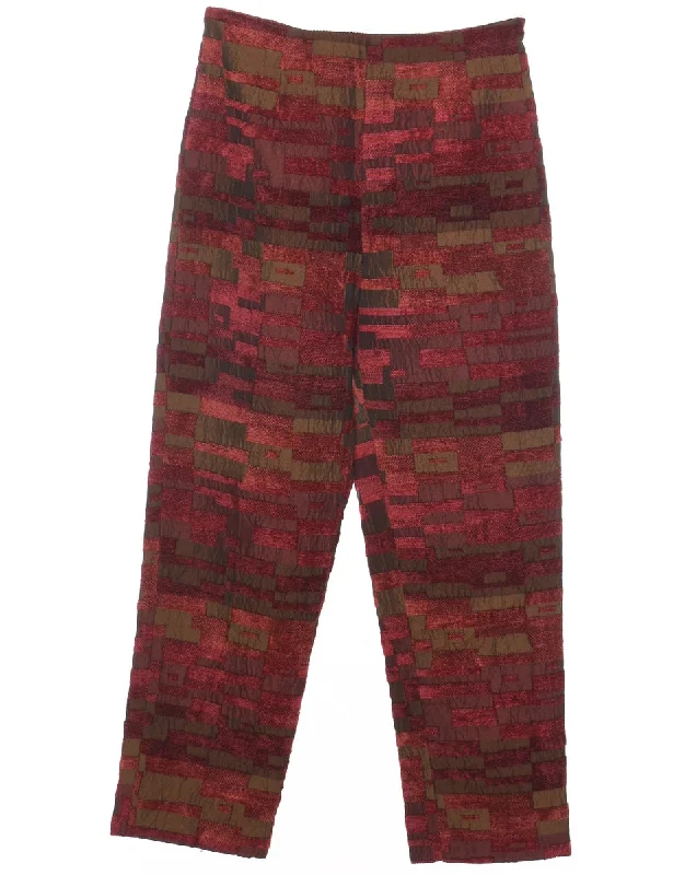 Tapered Maroon, Khaki & Brown Patterned Trousers - W28 L29 Trousers Bridal Satin