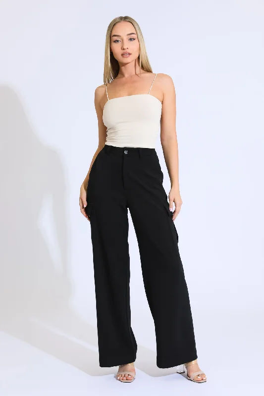 TROUSER WIDE LEG W/ CARGO POCKETS - WRINKLE RESISTANT BLACK Trousers Top Rated