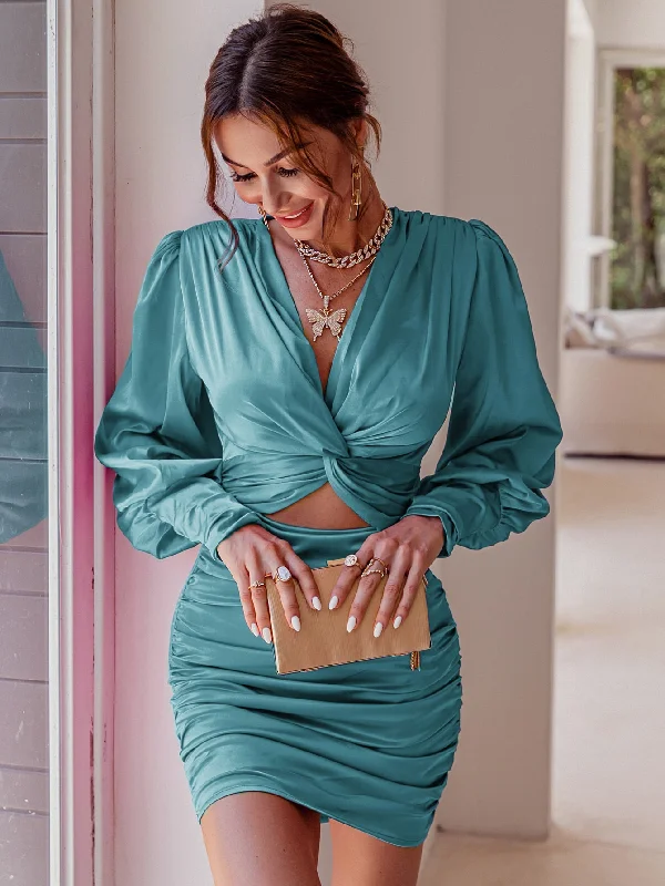 Twist Front Ruched Satin Dress