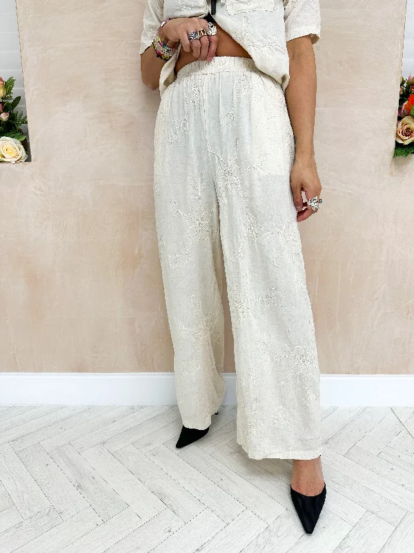 High Waisted Floral Embroidered Trousers In Stone Trousers Floral Bohemian