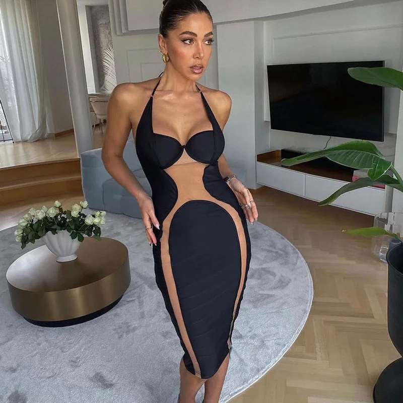Women's Sexy Backless Halter Sheer Dress