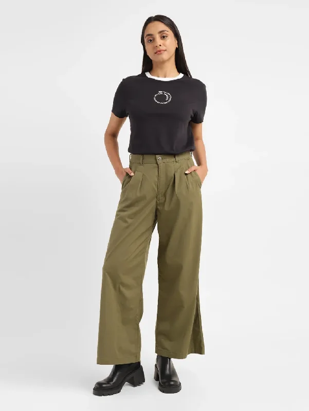 Women's High Rise Olive Loose Fit Trousers Trousers chic fashionable