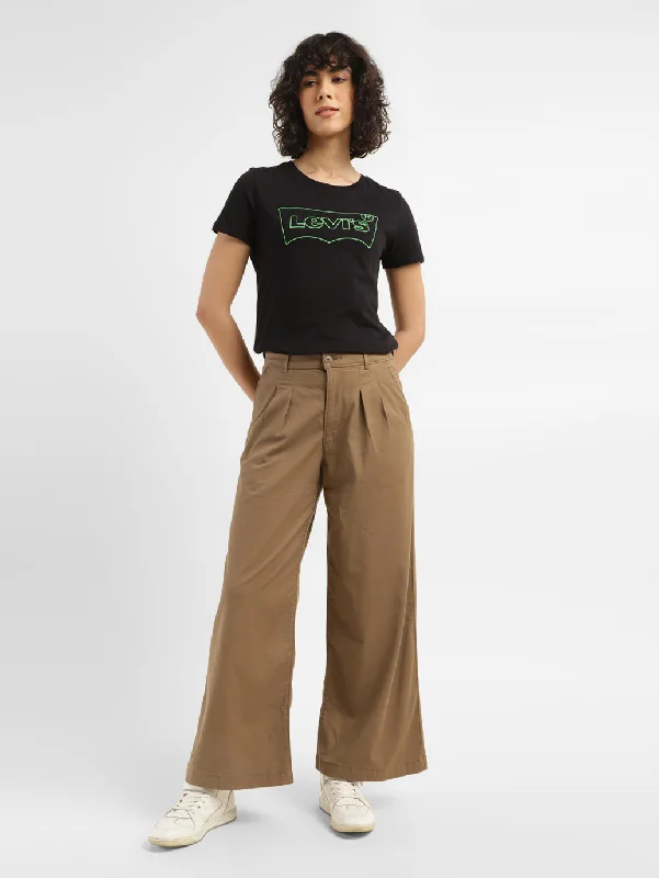 Women's High Rise Tan Wide Leg Trousers Trousers Ceremony Elegant