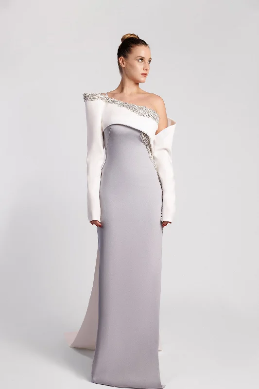 Asymmetric neckline crepe dress