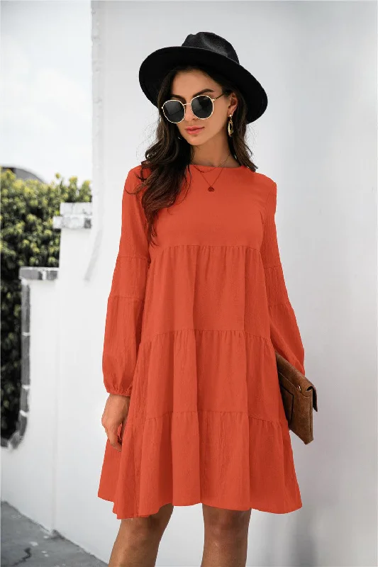 Balloon Sleeve Keyhole Knee Length Tiered Dress