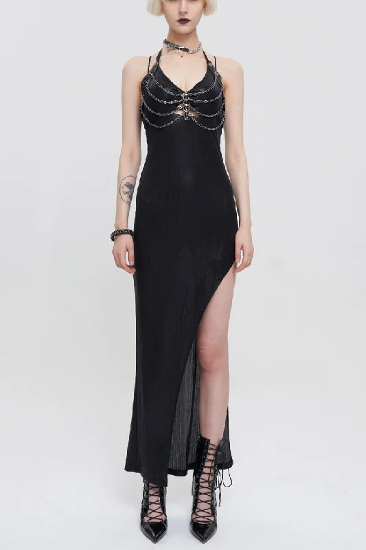 Black Chest Cutout Chain Halter Neck Lace High Slit Long Women's Punk Dress