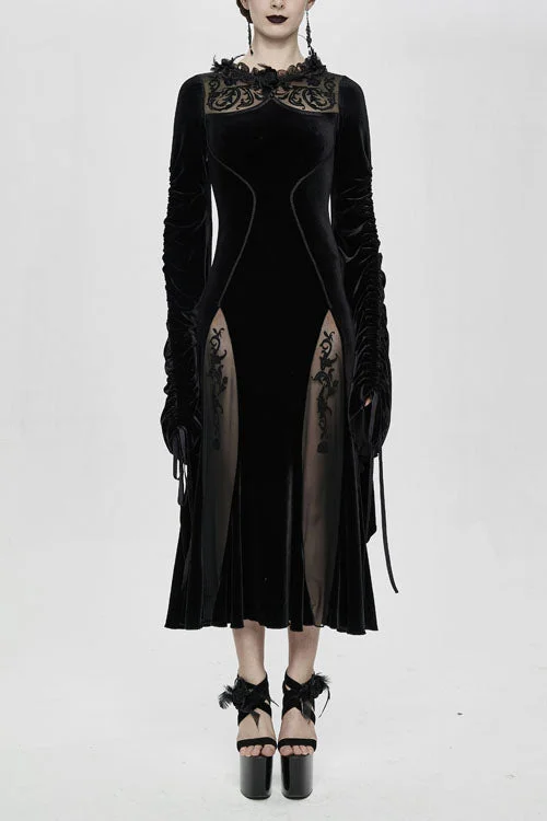 Black Flocking Pattern Trumpet Sleeve Sexy Womens Gothic Fitted Velvet Dress