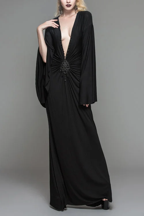 Black Frog Button Sexy Bat Sleeve Deep V Neck Gothic Womens Dress