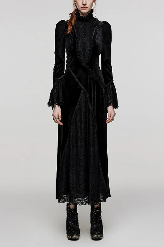 Black Stand Collar Long Trumpet Sleeves Stitching Lace Women's Gothic Dress
