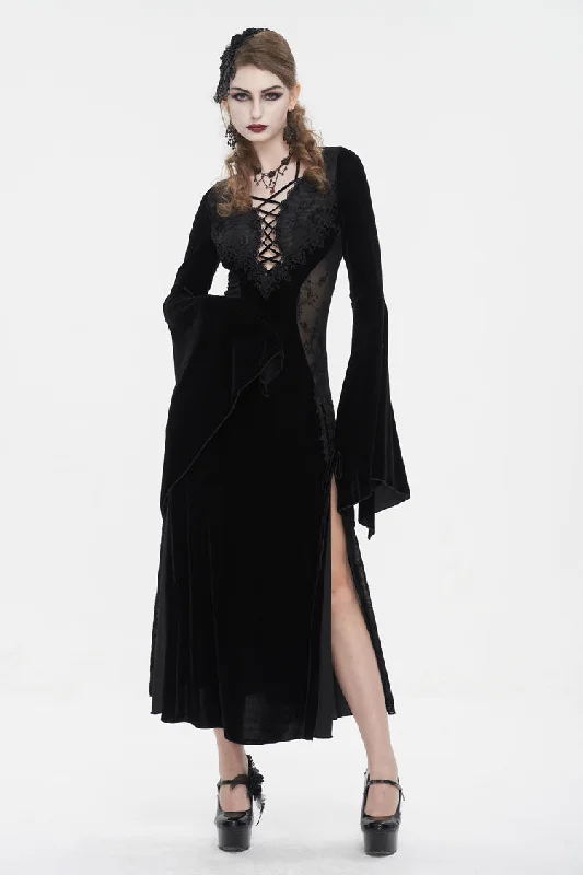 Black Velvet Mesh Splice Long Women's Gothic Dress