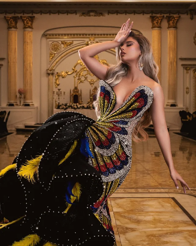 Butterfly Black Dress with Crystals and Feathers