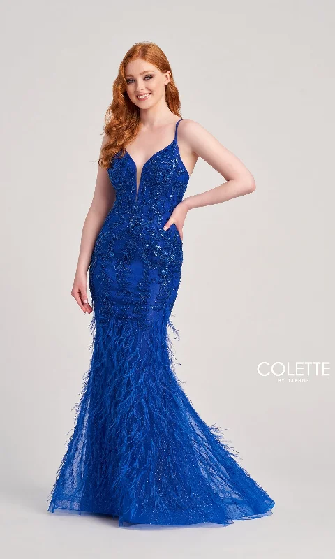 Long Colette CL5103 Feathered Mermaid Prom Dress
