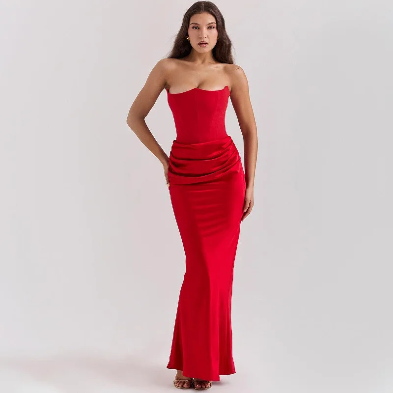 Fishbone Bandeau Slim-Fit Backless Velvet Dress