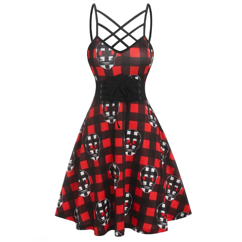 Gothic Plaid Skull Lace Up Corset Style Cross Lattice Strappy Flare Dress