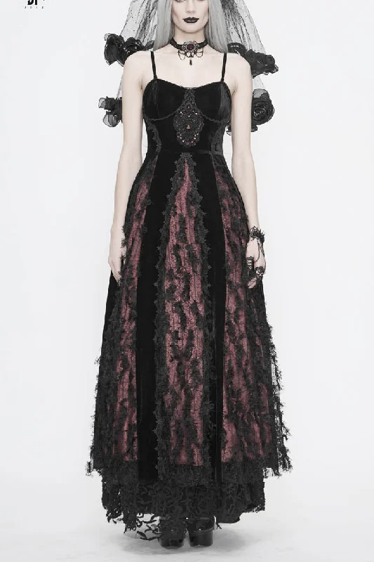 Red Front Chest Decals Dense Velvet Long Women's Gothic Sling Dress