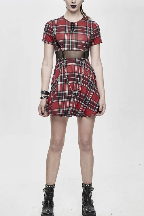 Red Plaid Mesh Stretchy Mid Length Scottish With Chains Gothic Womens Dress