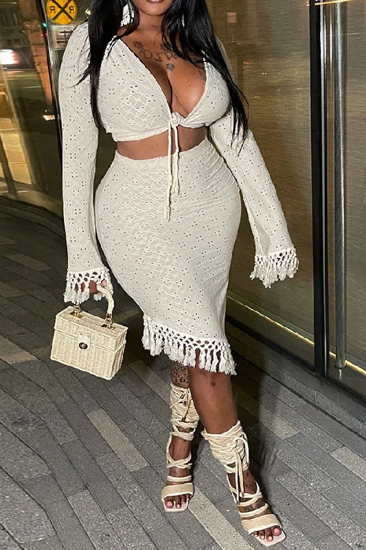 Solid Color Jacquard Cutout Boho Tassel Trim Irregular Dress Suit