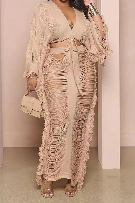 Solid Color Unique Drawstring Tassel Ripped Dress Suit