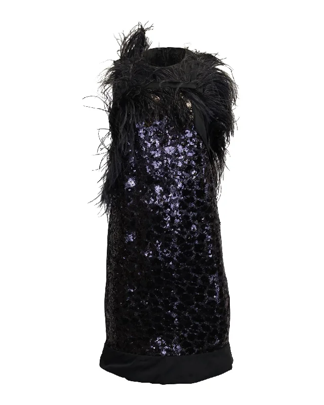 Sequined Feather-Trimmed Black Dress by Hugo Boss