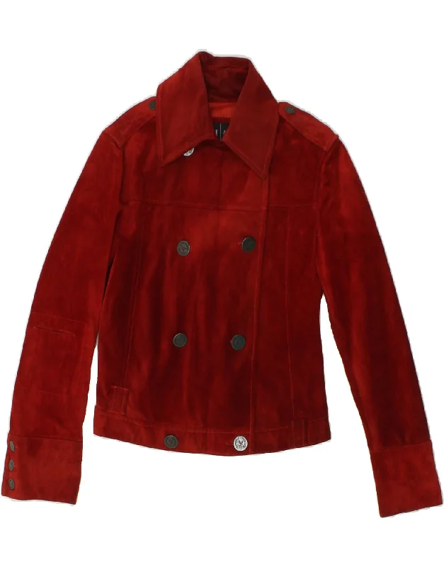 ARMANI JEANS Womens Double Breasted Suede Jacket UK 8 Small Red Leather