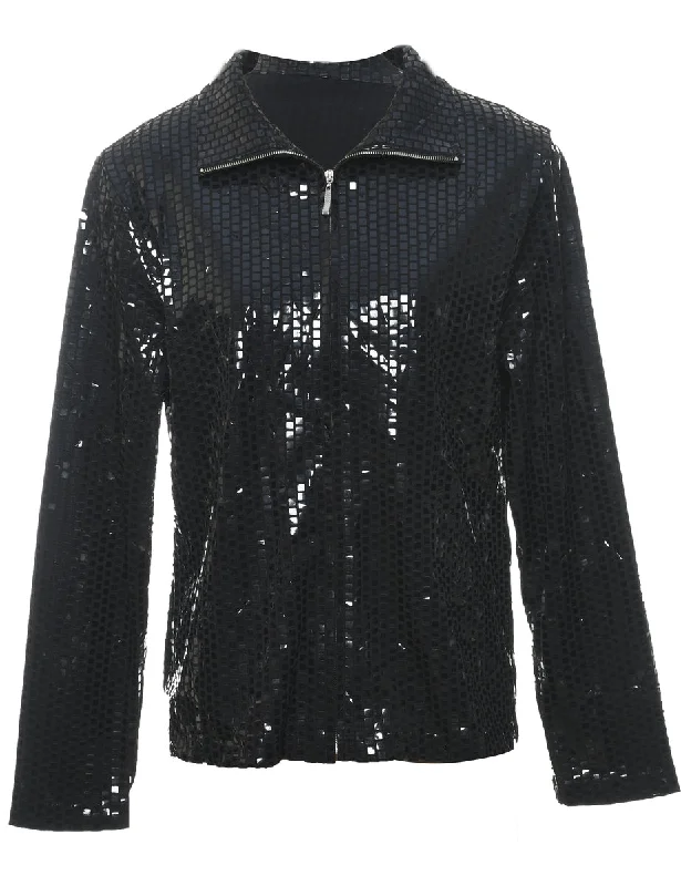 Black Sequined Zip-Front 1990s Evening Jacket - L Lace Jacket Ribbed Jacket Sequined Jacket