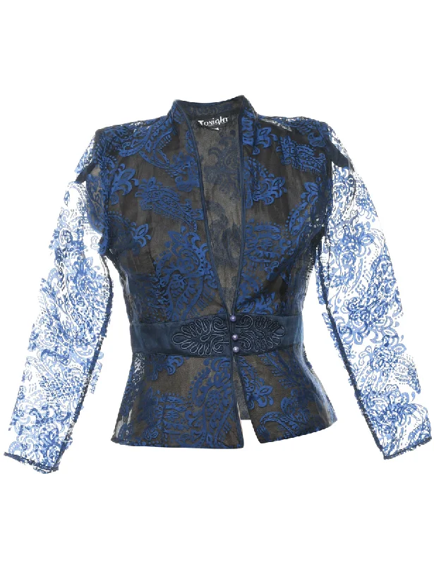 Blue Sheer Lace Evening Jacket - M Rayon Jacket Velvet Jacket Corduroy Jacket