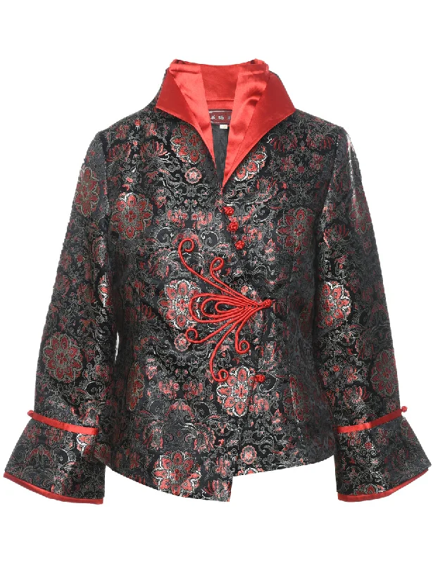 Brocade Design Black & Red Metallic Evening Jacket - L Oversized Jacket Tailored Jacket Straight Jacket Brocade Design Black & Red Metallic Evening Jacket - L Oversized Jacket Tailored Jacket Straight Jacket