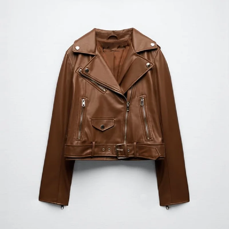 Brown Women's Motorcycle Sheepskin Leather Biker Jacket Quilted Jacket Puffer Jacket Insulated Jacket Brown Women's Motorcycle Sheepskin Leather Biker Jacket Quilted Jacket Puffer Jacket Insulated Jacket
