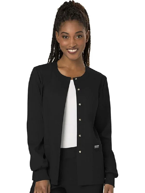 Cherokee Workwear Revolution Women's Snap Front Scrub Jacket | Black Denim Fabric Leather Fabric Suede Fabric Cherokee Workwear Revolution Women's Snap Front Scrub Jacket | Black Denim Fabric Leather Fabric Suede Fabric
