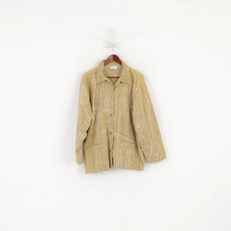 Flashback Women XXL Jacket Beige Boho Emroidered Vintage Buttoned Cotton Top V-Neck Jacket Boat Neck Jacket Square Neck Jacket
